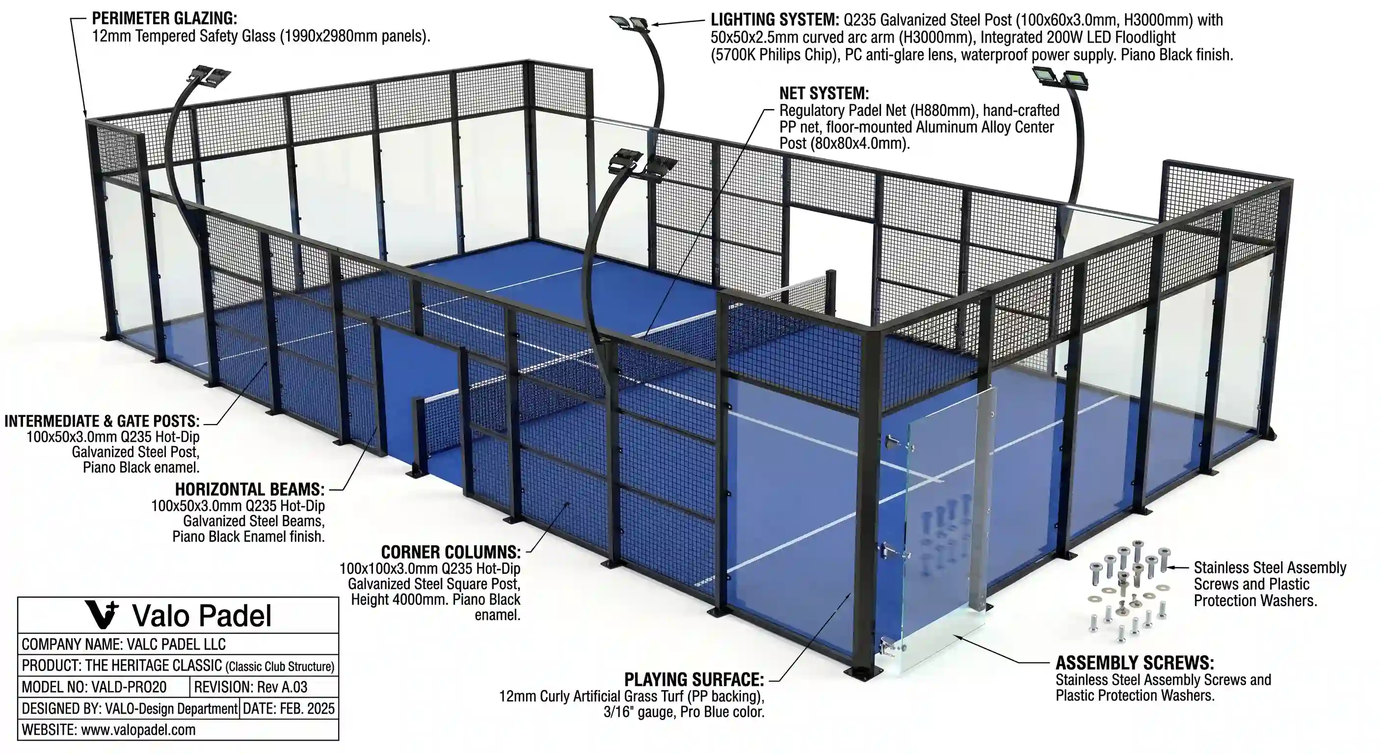Heritage Classic Technisches Diagramm des Padel-Platzes mit sichtbarem Multi-Post-Framework