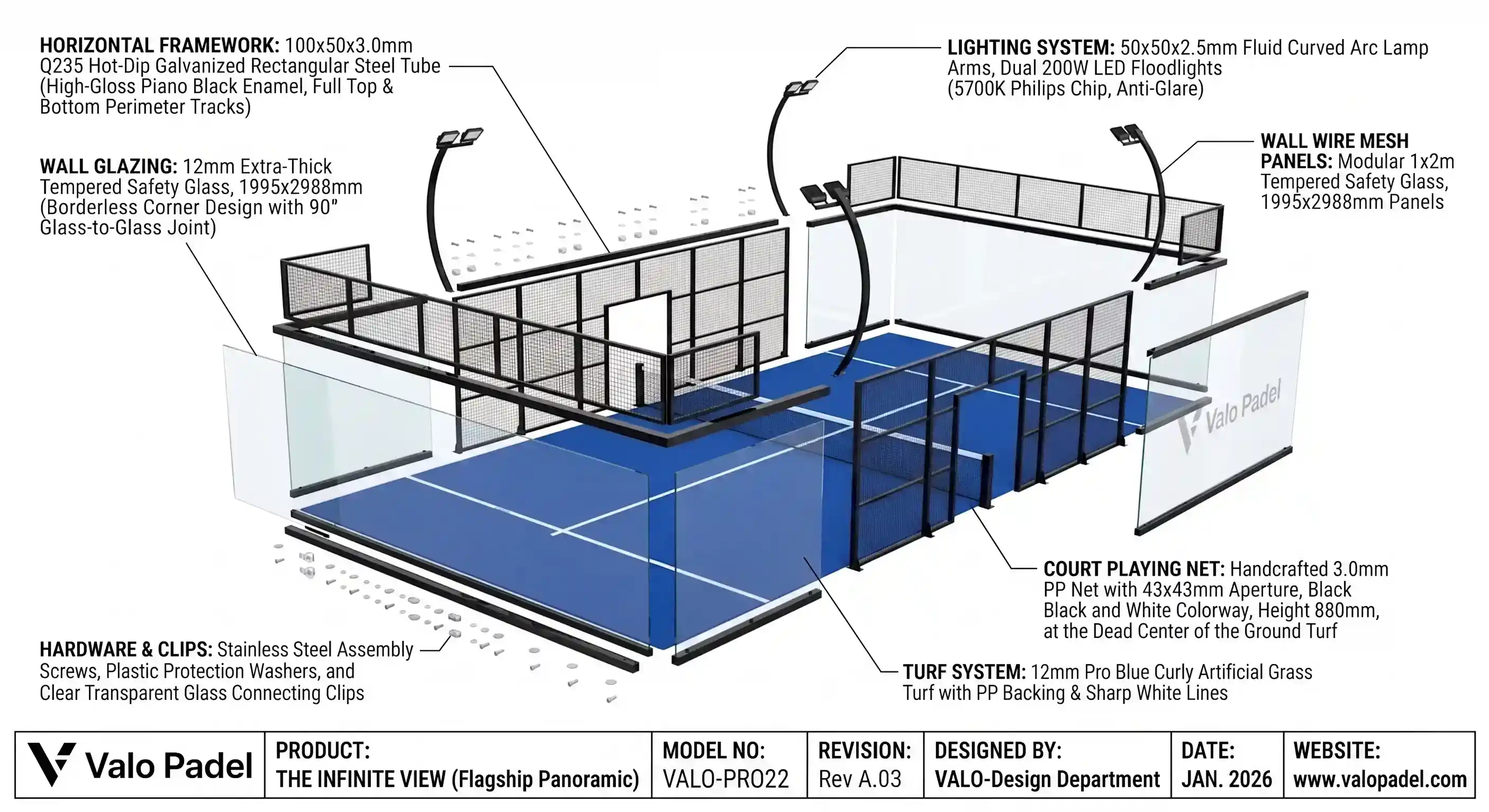 Infinite View diagramma della struttura del campo da padel che mostra gli angoli vetro-vetro senza montanti d'angolo