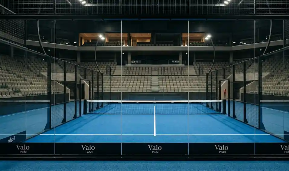 Signature Panoramic campo da padel visto dall'altra parte dell'arena di uno stadio coperto