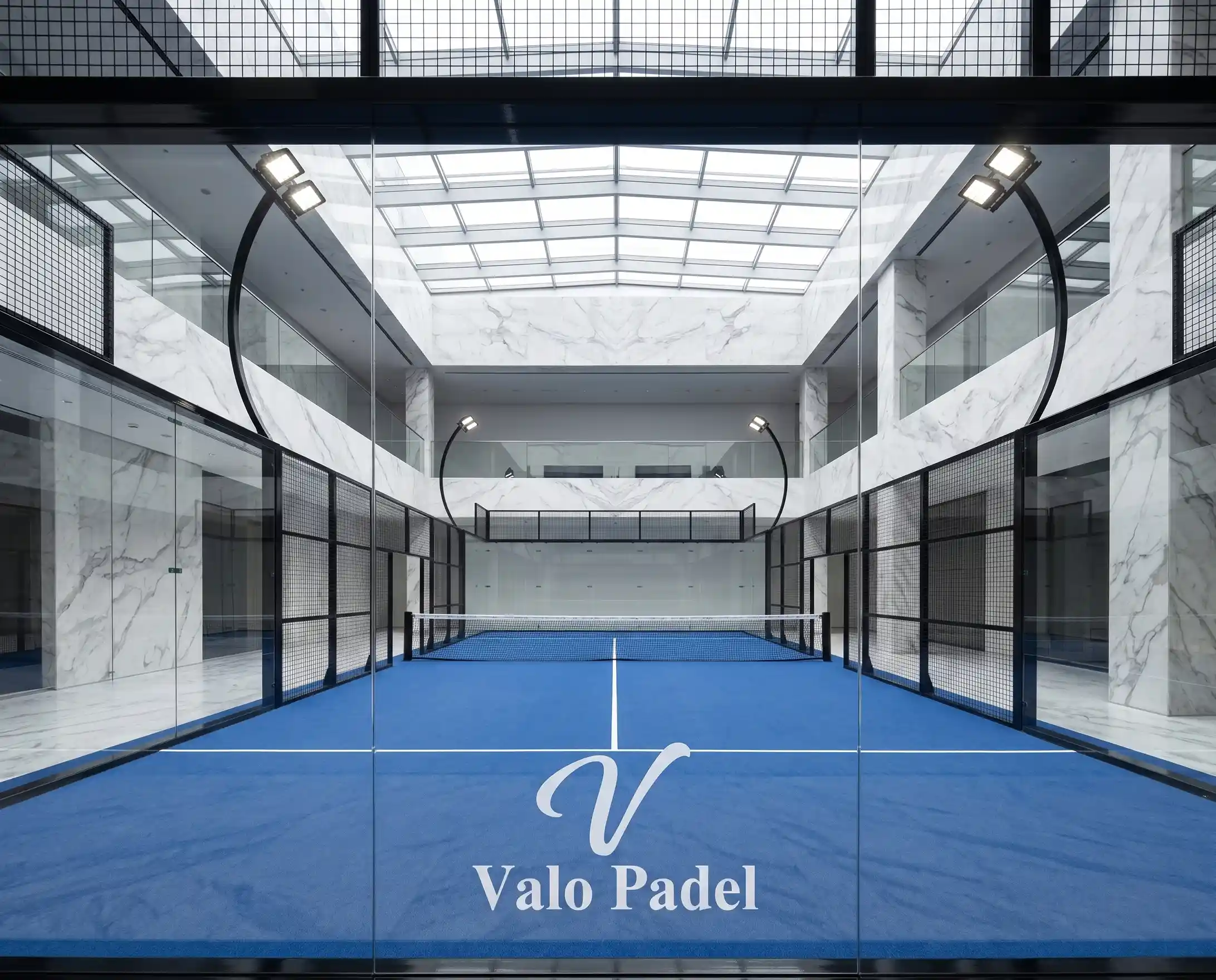 The Infinite View structural glass padel court in a premium indoor arena