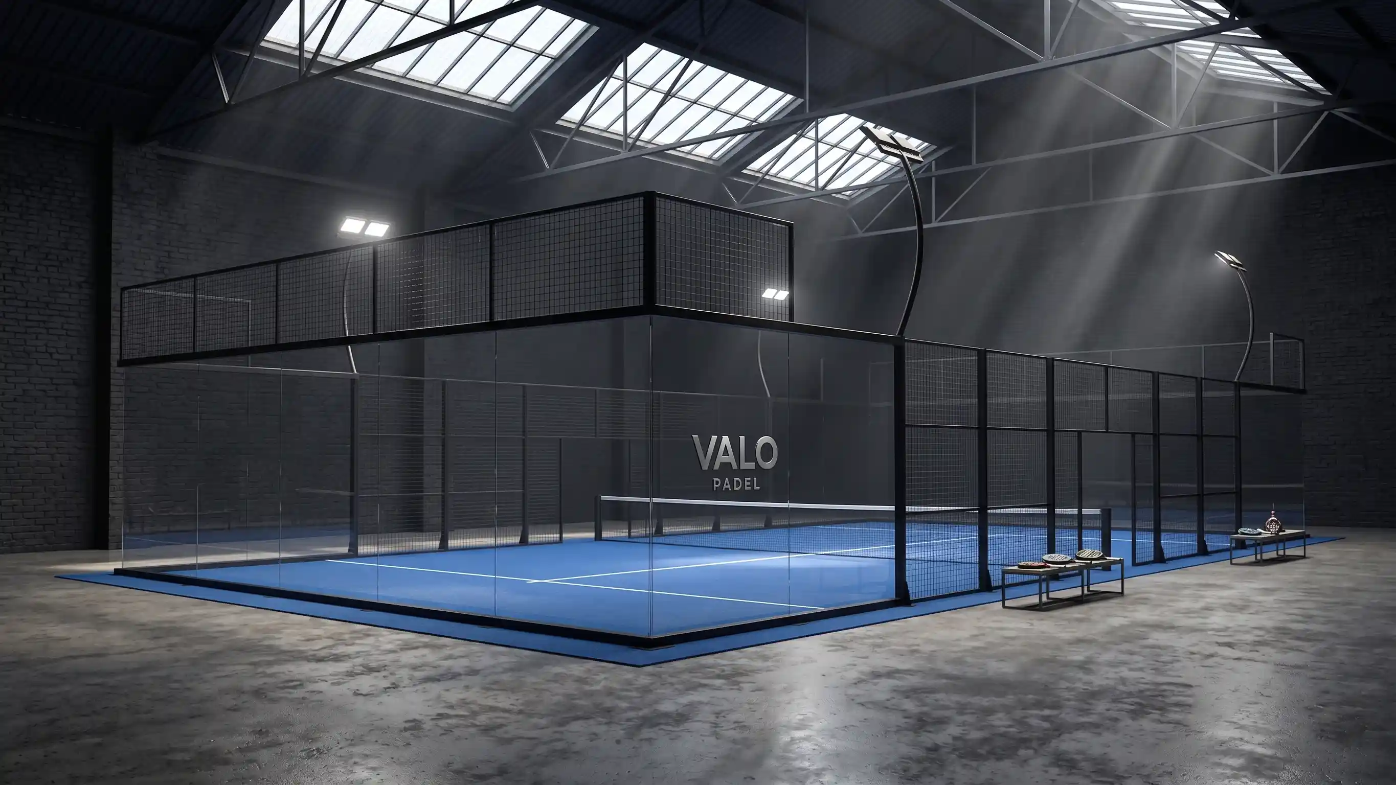 The Infinite View padel court inside a vintage warehouse venue with skylight architecture