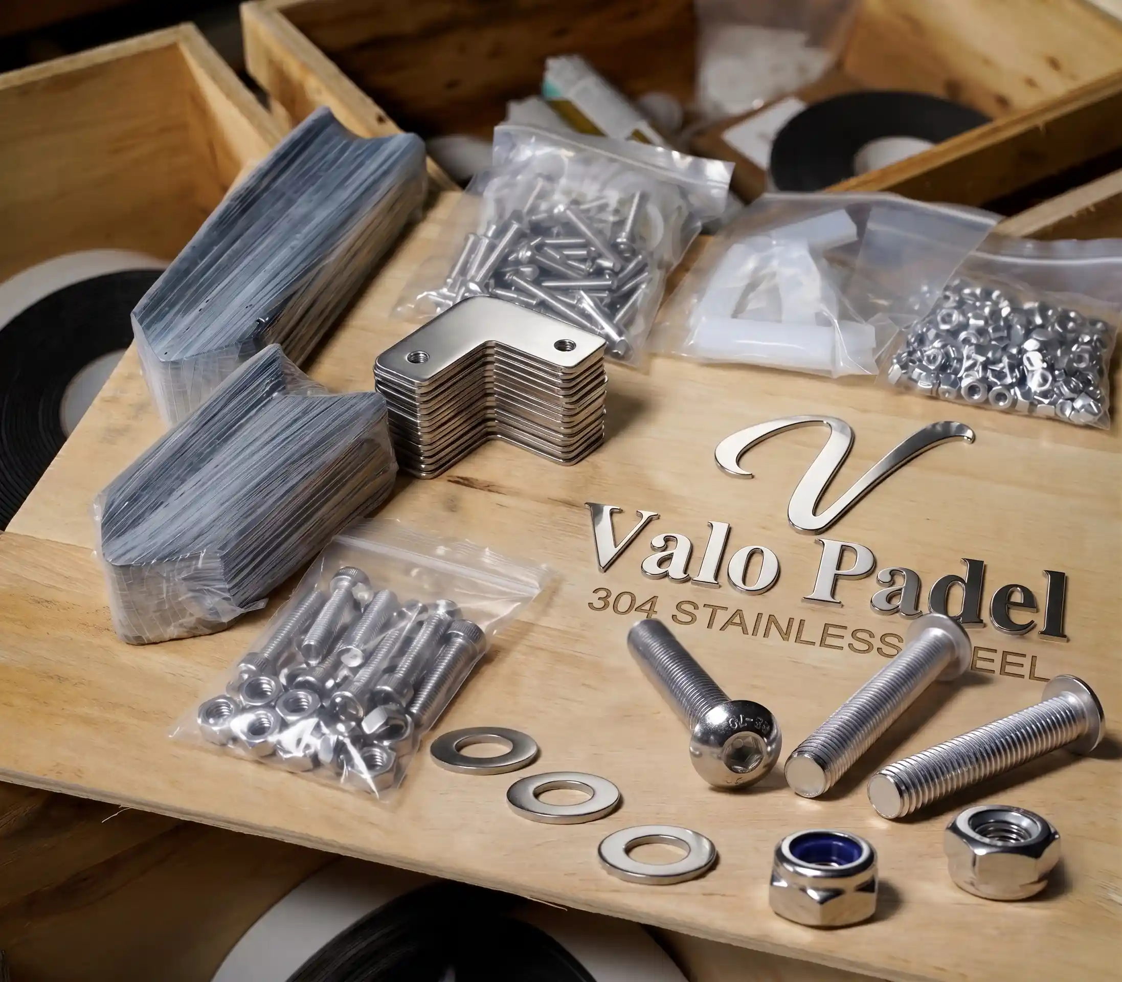 Premium 304 stainless steel hardware, screws, and fasteners used in Valo Padel installations
